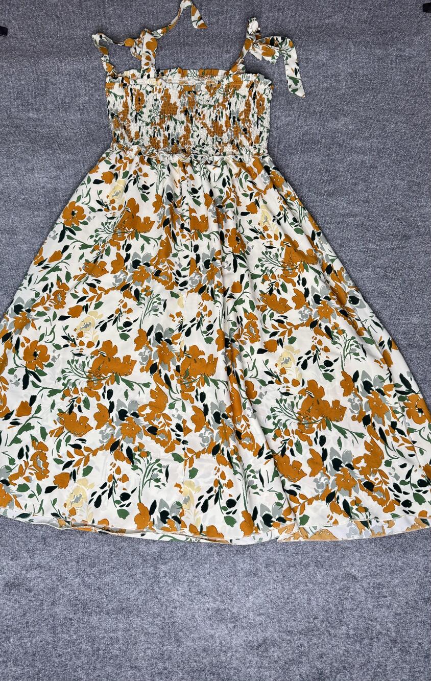 Floral Sundress Dress Womens Small Multicolor Midi Smocked Tie Strap Ruffle